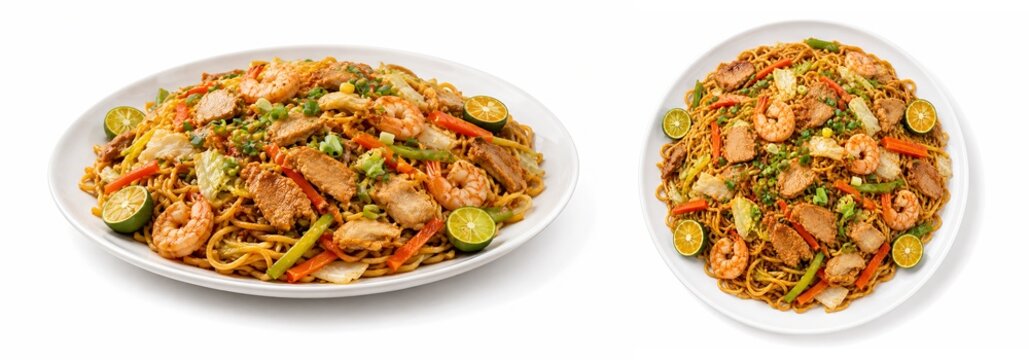 Filipino pancit canton, traditional stir-fried egg noodles with shrimp, pork, vegetables, and calamansi, top and side view collage isolated on white background