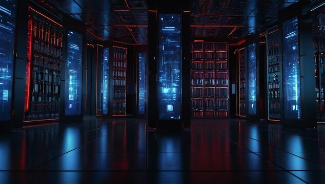 Sovereign cloud data fortress with secure server racks and neon laser grids