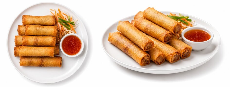 Filipino lumpiang shanghai, crispy deep-fried spring rolls with sweet chili dipping sauce, top and side view collage isolated on white background