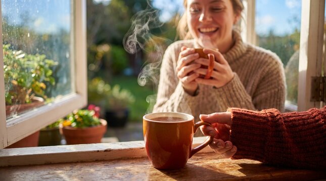 Mug of hot tea on a windowsill, cozy interiors