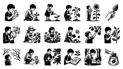 Fototapeta premium Black and White Line Art of Children Learning About Nature and Plants