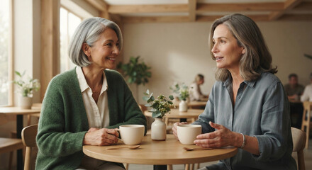Fototapeta premium Senior women enjoying friendship and meaningful conversation over coffee. Life Doesn't Slow Down
