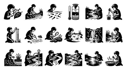 Fototapeta premium Environmental Science Education Glyphs: Kids Exploring Water, Nature, and Ecology Experiments in Black and White