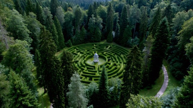 Hedge maze with fountain in a green forest