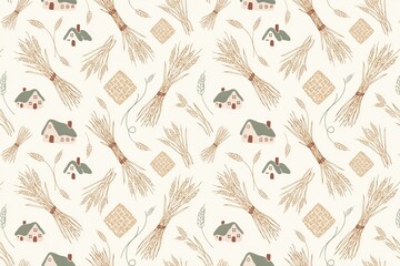 Fototapeta premium Seamless pattern featuring hand drawn wheat sheaves, small rustic houses, and woven straw mats on a light cream background, farm theme