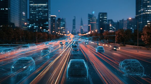 Connected transportation concept surreal Double exposure futuristic city roads with intelligent vehicle trails selective focus autonomous mobility theme efficient urban movement. 