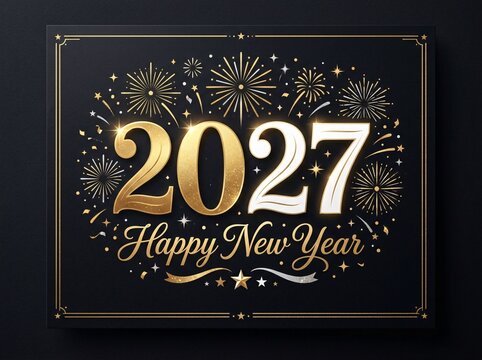 Elegant happy new year 2027 greeting card with gold typography and fireworks art
