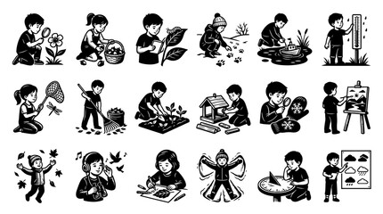 Fototapeta premium Black and White Line Art of Children Engaged in Various Outdoor and Educational Activities