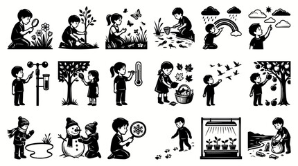 Obraz premium Black and White Illustrations of Kids Exploring Nature, Seasons, and Weather for Educational Content