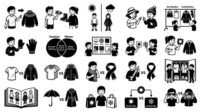 Black and White Line Art: Children's Clothing Guide for Summer and Winter Weather