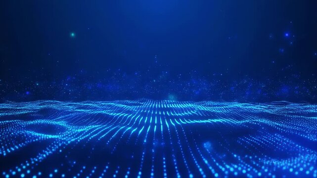 Abstract blue digital wave field with particles during futuristic data flow in dark underwater abyss