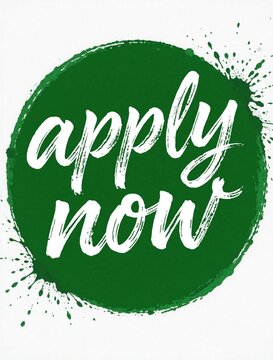 Green circle with bold white brush script text Apply Now. Splatter paint effect adds dynamic style. Perfect for calls to action in design, marketing, and recruitment.