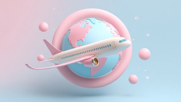 Pastel airplane flying around a globe