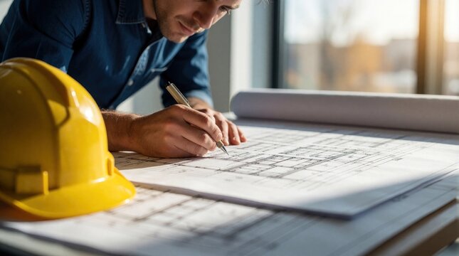 Focused engineer sketches architectural blueprints with pencil. Yellow safety helmet rests nearby on construction plans. Professional works on building project, planning design.