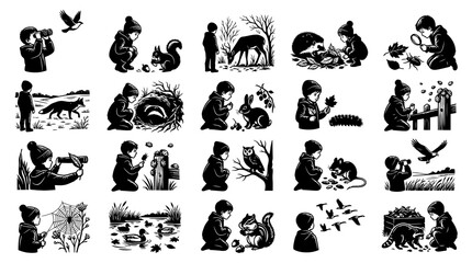 Fototapeta premium Black and white line art of children exploring nature and animals