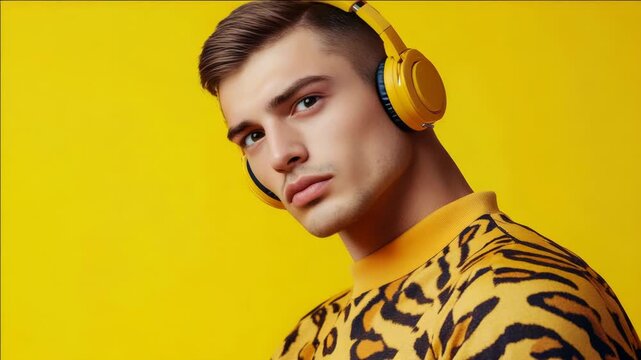 A young man wearing headphones and a leopard print top, posing against a yellow background. He has short hair and is looking off to the side, exuding confidence.