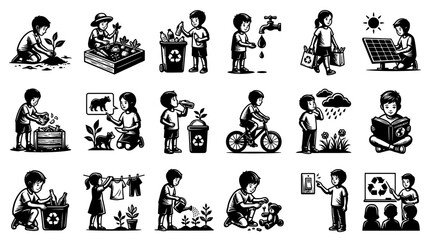 Fototapeta premium Children practicing environmental conservation and sustainability, Black and White Line Art