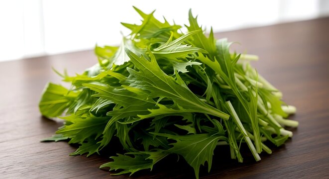 zaku kiri rough large torn pieces of fresh mizuna greens with jagged natural edges, bright green vibrancy, classic for fresh aemono sesame dressing salads or ohitashi style sides 