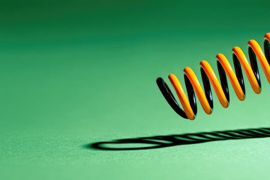 A vibrant yellow and black coil spring, its shadow cast on a lime green surface
