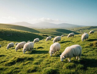 Fototapeta premium Flock of wool sheep graze on rich green Irish hills under a clear blue sky. Gentle sun illuminates rolling landscape with mountains in distance. Peaceful rural farm scene.