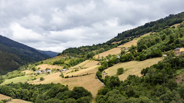 Rural mountain landscape with meadows and traditional villages