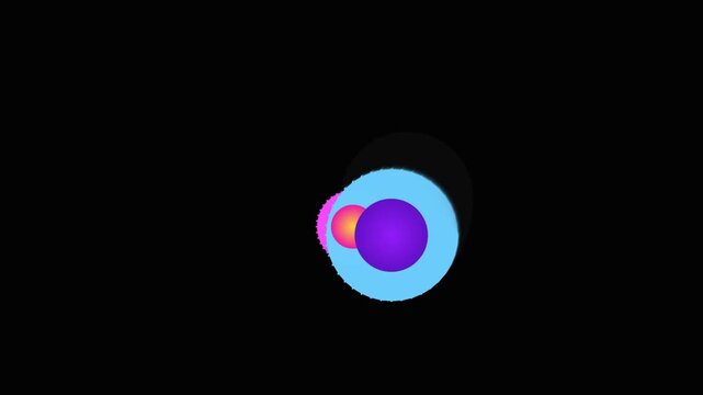 Glowing spheres spinning in rhythmic orbital motion within this dark digital abstract art animation clip design