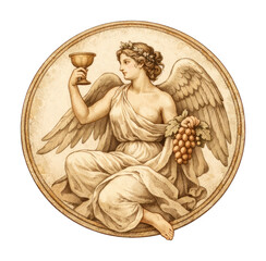 Fototapeta premium Vintage angel holding grapes and chalice, PNG with transparent background.