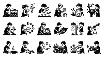 Fototapeta premium Black and White Line Art Set: Children's Nature and Science Education, Discovery, and Learning Activities