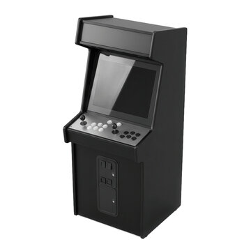 Black standing arcade machine with control panel and blank screen