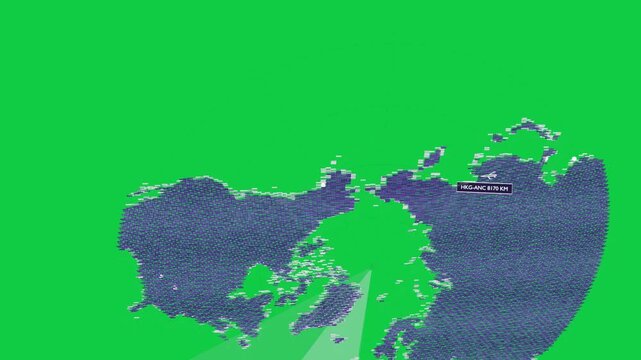 Radar wedge starting polar map traces drawing UI sliding on transparent canvas showing HKG-ANC data