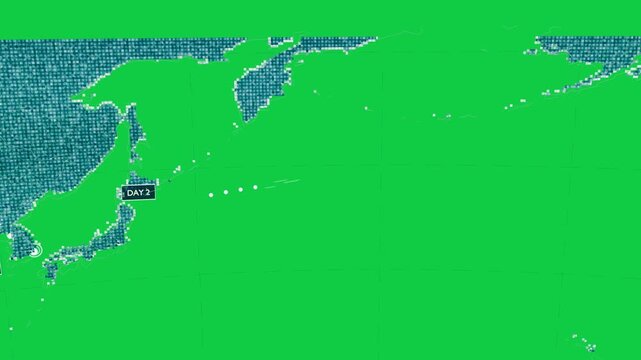 Bright dots starting map, revealing Shanghai-LA route with moving dots showing progress, clear bg