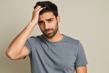Fototapeta premium Young man with hand on head looks stressed. He shows clear signs of worry or deep thought. His facial expression conveys concern and unease.