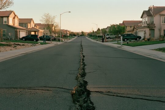 Conceptual scene of a suburban street split by a deep crack, with two neighbors on opposite sides, symbolizing polarization and social division.