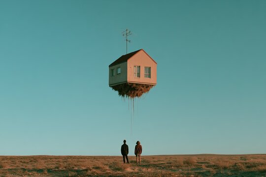 Conceptual scene of a family house floating above a suburban setting, with a young couple below, symbolizing the housing crisis and unattainable home ownership.