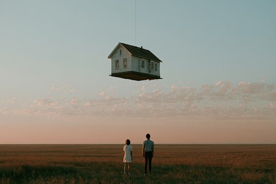 Conceptual scene of a family house floating above a suburban setting, with a young couple below, symbolizing the housing crisis and unattainable home ownership.