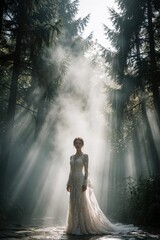Obraz premium Bride in white lace gown poses in misty forest path with sun rays. Young woman stands elegant among trees. Romantic outdoor wedding scene. Bridal portrait.