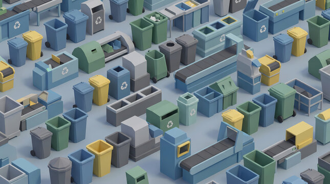 Low-Poly 3D Recycling Sorting Bins in Edge-to-Edge Grid Pattern
