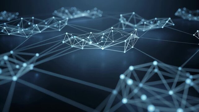 Dynamic video of an intricate network of connected nodes illustrating complex digital communication and technology