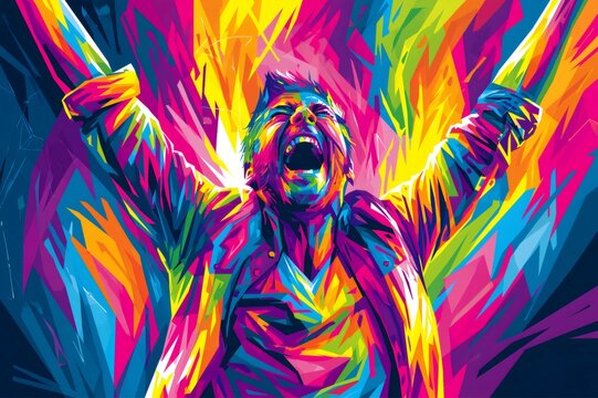 Expressive man screaming with arms raised in colorful pop art