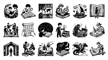 Fototapeta premium Black and White Line Art Illustrations of Children Learning and Exploring Through Books