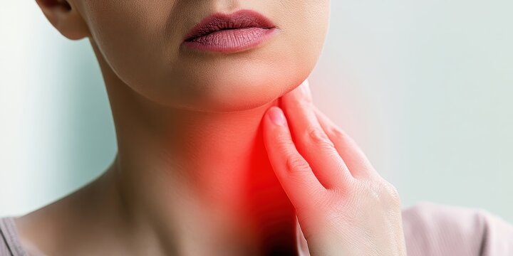 Woman touches neck to thyroid gland disease symptoms. Glowing red sign on throat. Endocrine inflammation hypothyroidism goiter node or larynx pain. Lymph node screening, hormones. Awareness campaign