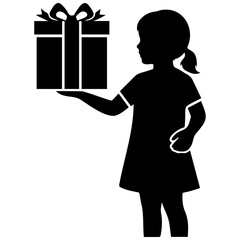 Young girl silhouette standing sideways holding large wrapped gift box with ribbon and bow.