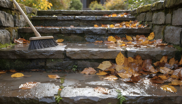 Broom sweeping autumn leaves from wet stone steps during fall season.