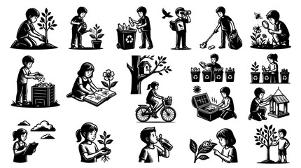 Obraz premium Environmental Education Children Activities Black and White Line Art Vector Illustration Set