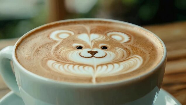 artistic ultra-clear 4K coffee scene presents detailed latte art shaped like a cute teddy bear emerging from creamy milk foam enhanced with soft bokeh gentle film grain and a cozy caf&eacute; atmosphere