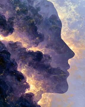 Human profile silhouette filled with swirling cosmos