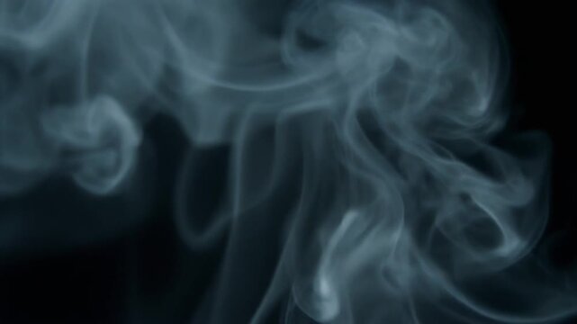 Slate-grey vapor unfurls and thins while rising through still air, gentle tendrils curling against deep black with cool backlighting, minimal moody atmosphere, and subtle motion.