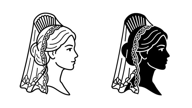 Spanish woman with mantilla and comb silhouette icon set