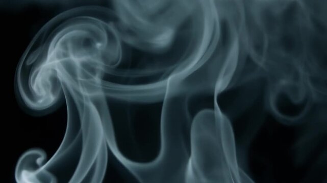 Slate-grey vapor unfurls and thins while rising through still air, gentle tendrils curling against deep black with cool backlighting, minimal moody atmosphere, and subtle motion.