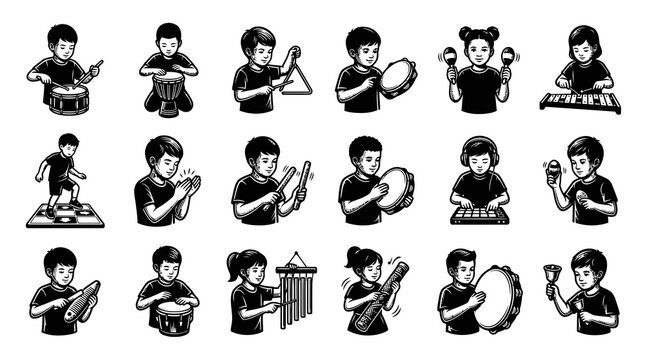 Black and White Line Art Cartoon Set of Kids Playing Musical Instruments for Music Education